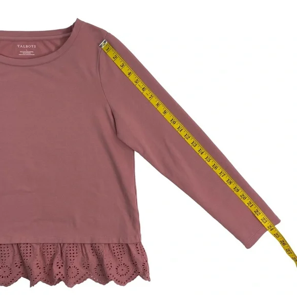 Talbots Women’s Dusty Rose Pink Long-Sleeve Top, Lace Eyelet Ruffle Trim, Size L - Picture 10 of 11